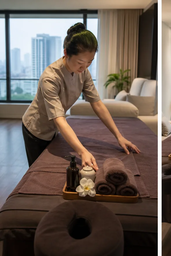 couples massage at home Hanoi therapist preparing a clean portable massage table