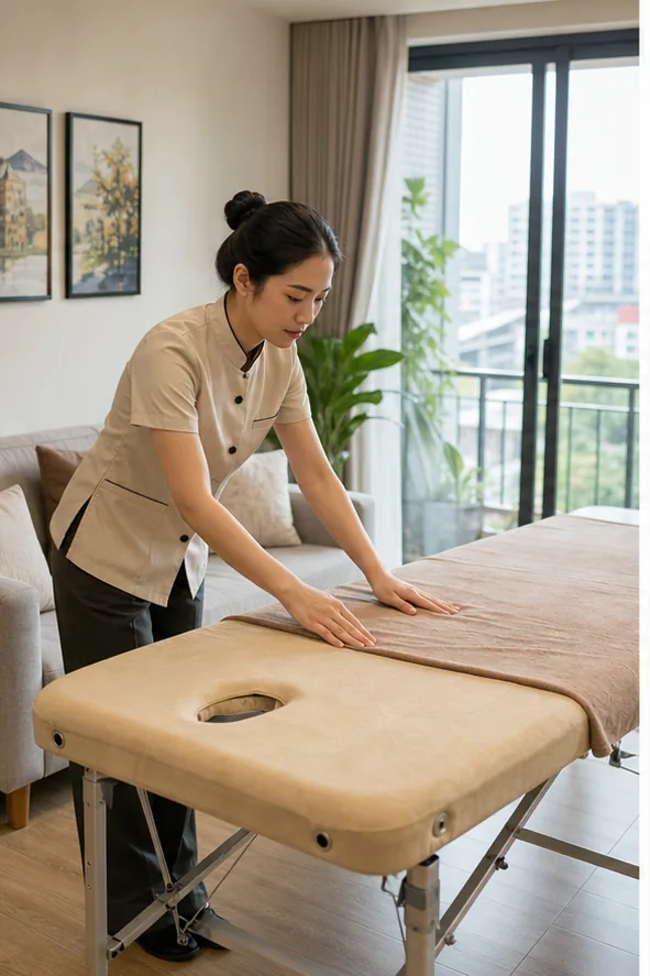 deep tissue massage Hanoi therapist preparing a clean portable massage table