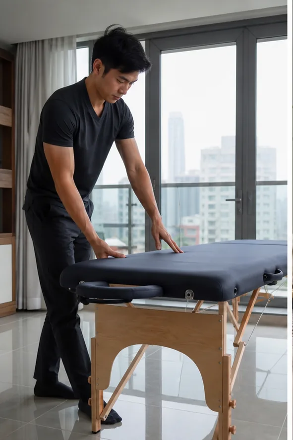 deep tissue massage Ho Chi Minh City therapist preparing a clean portable massage table