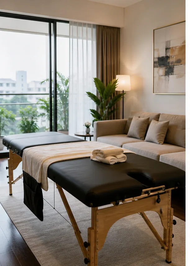 home massage Hanoi therapist preparing a clean portable massage table
