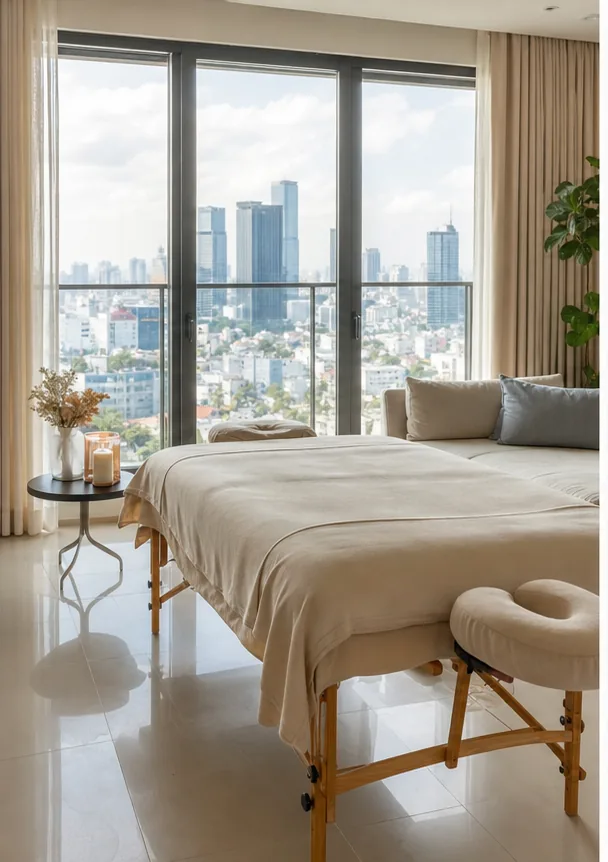 home massage Ho Chi Minh City therapist preparing a clean portable massage table