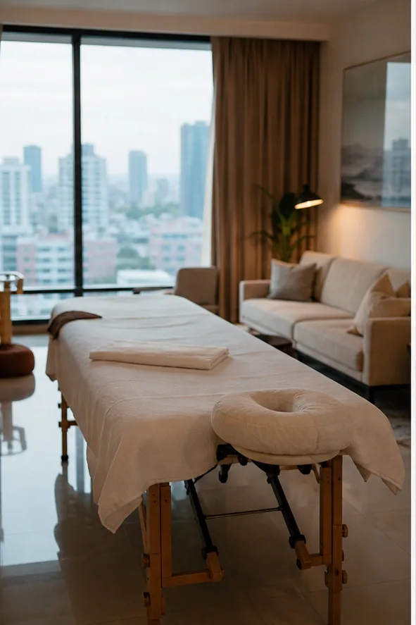 massage at home Ho Chi Minh City therapist preparing a clean portable massage table